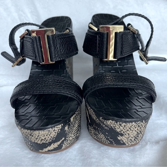 Tory Burch Black and Gold Snakeskin Wedges - Picture 4 of 8